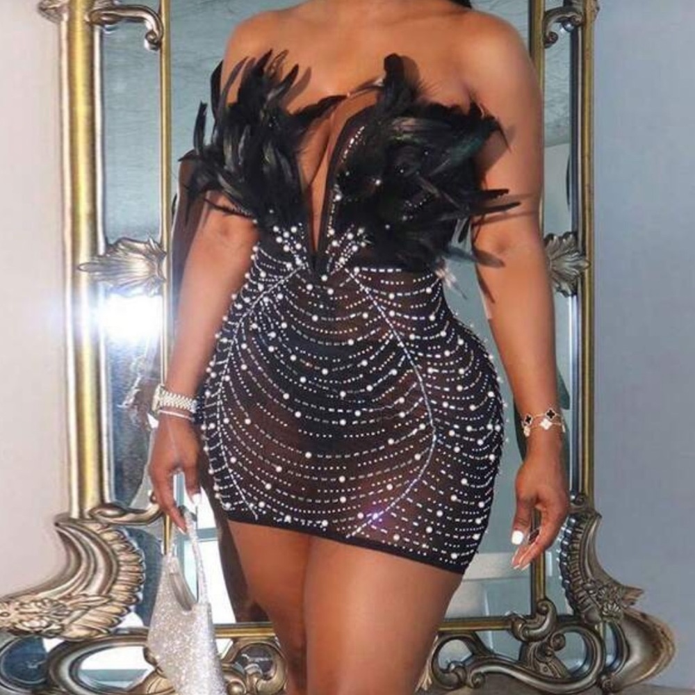 Black Strapless Feather & Rhinestone Mini Dress